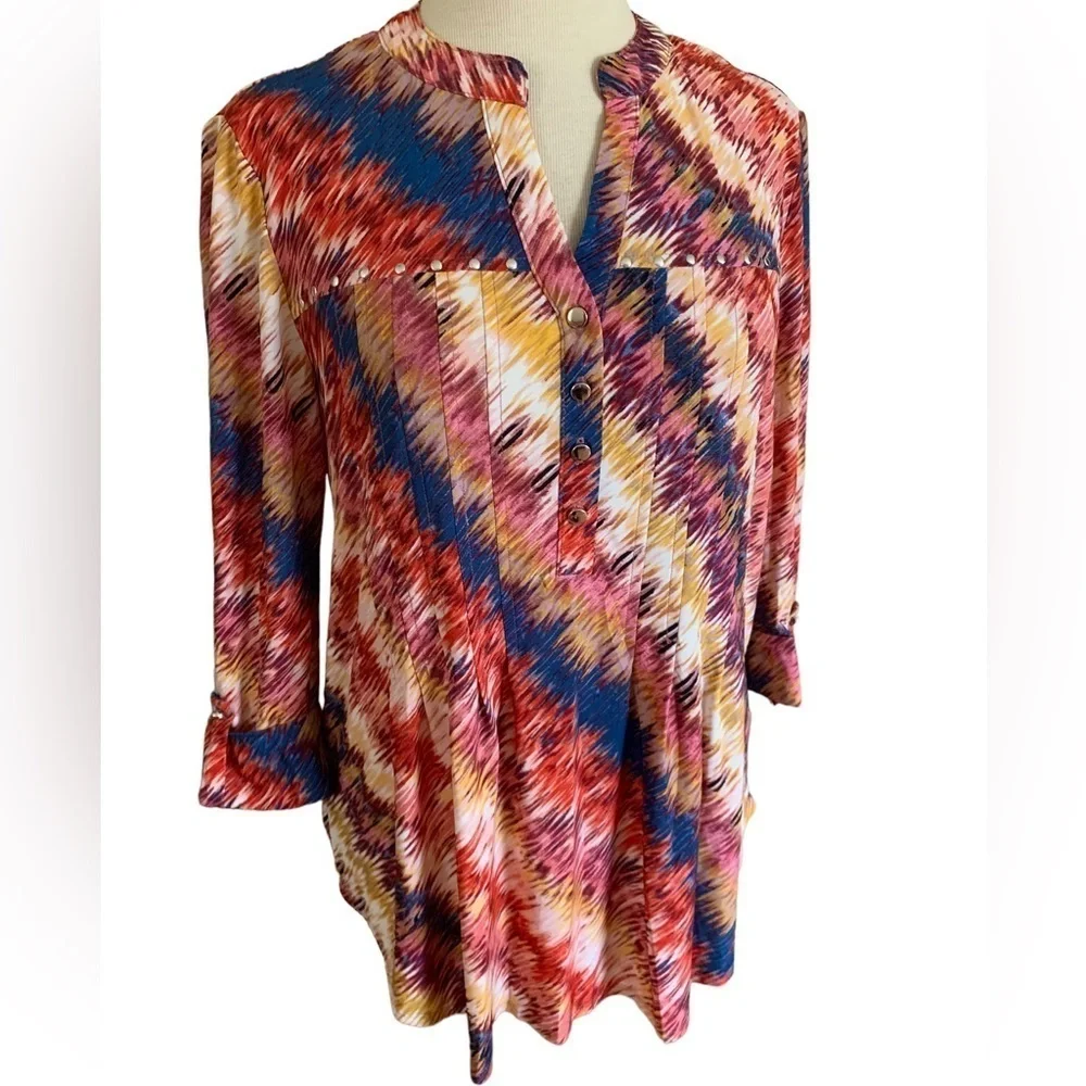 COCOMO XL Red Blue Yellow 3/4 sleeve women’s Pintuck Blouse top shirt tu…